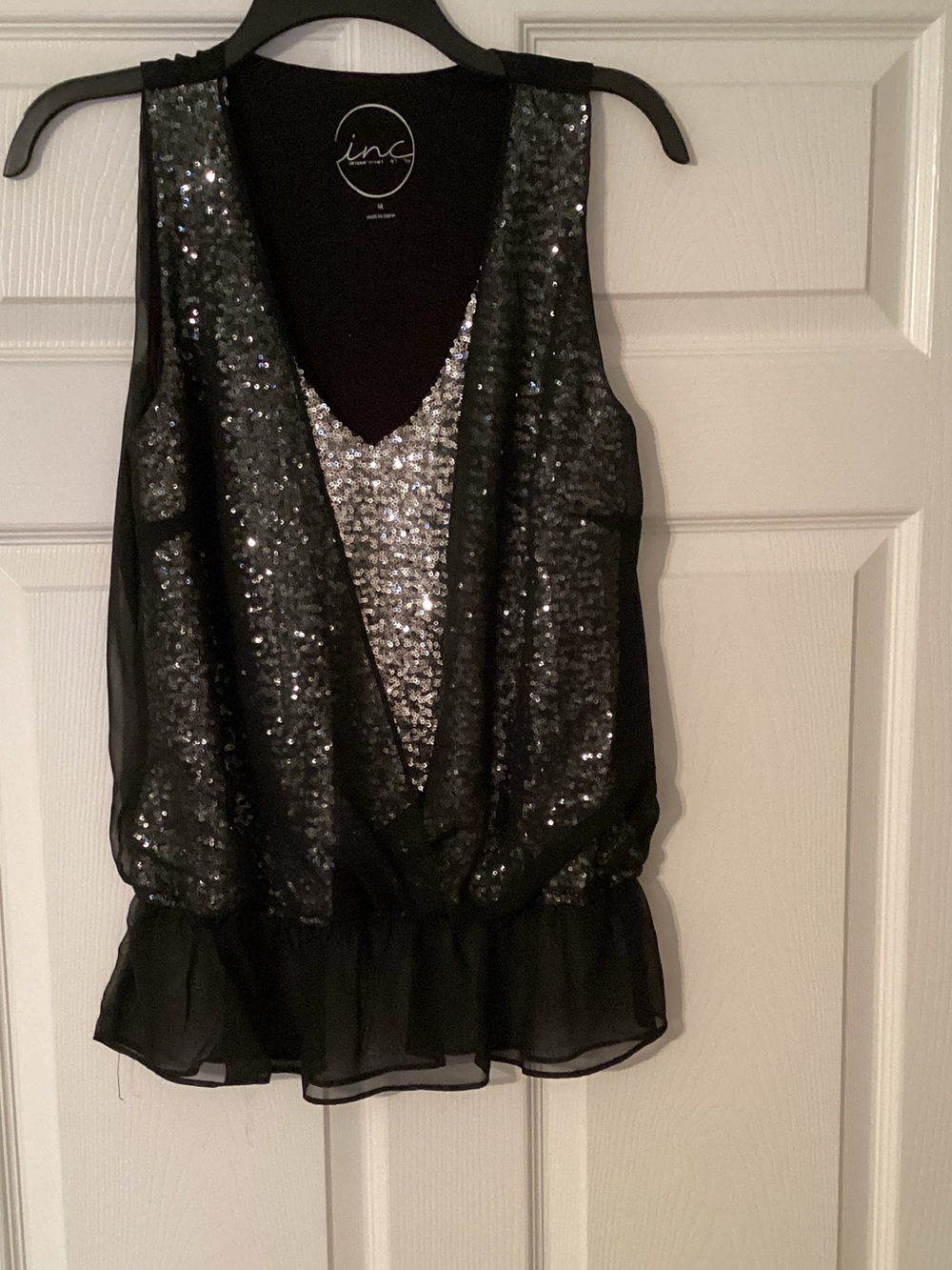 INC International Concepts Black and Silver Sequin V-Neck Camisole